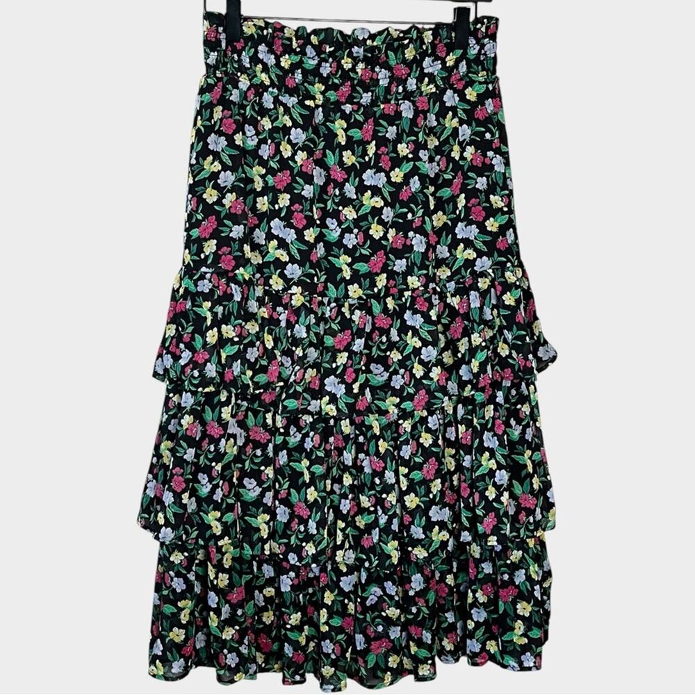 NWT ANN TAYLOR Black Floral Tiered Midi Skirt Size S Elastic Waist - Picture 2 of 5
